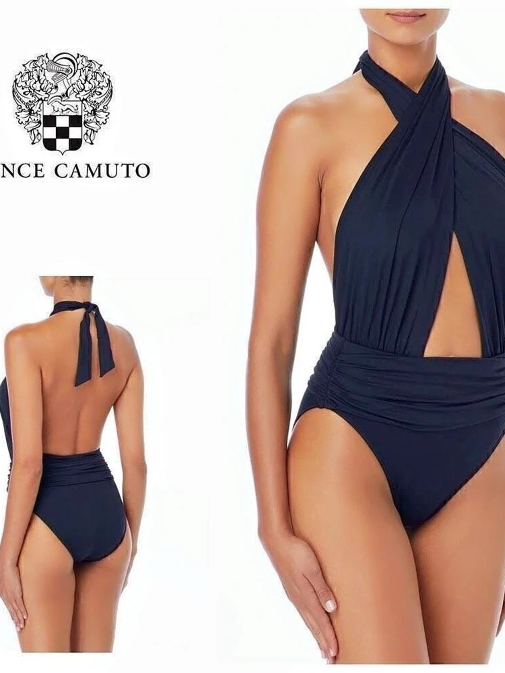 NWT Vince Camuto Riviera Black Wrap Halter Plunge One Piece Swimsuit 12